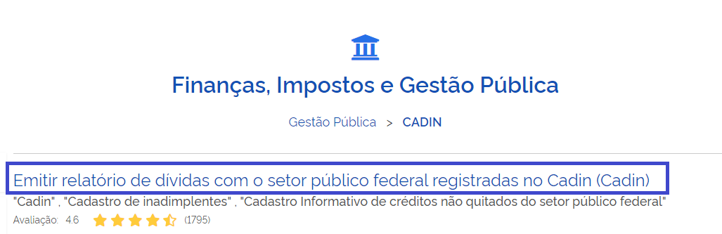 print da tela do site do Governo Federal, mostrando como emitir o relatório de dívidas com o setor Público Federal registradas no Cadin