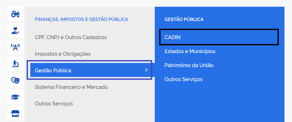 print da tela do site do Governo Federal, mostrando onde está localizada a consulta Cadin