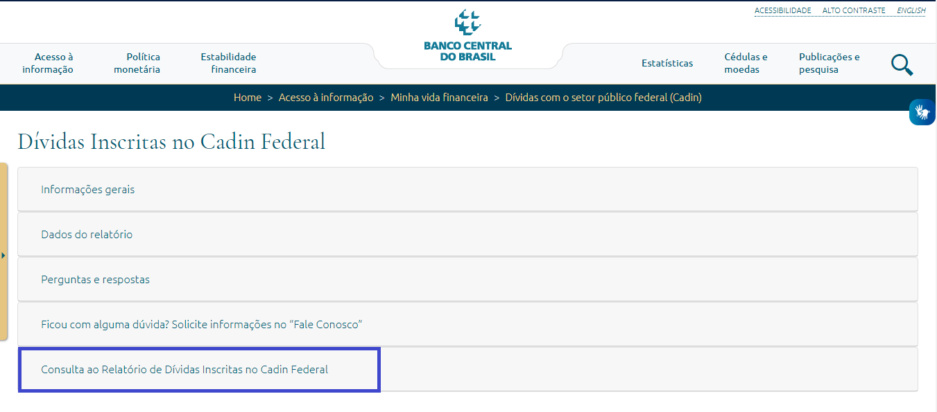 print da tela do site do Governo Federal, mostrando o menu de dívidas inscritas no Cadin Federal