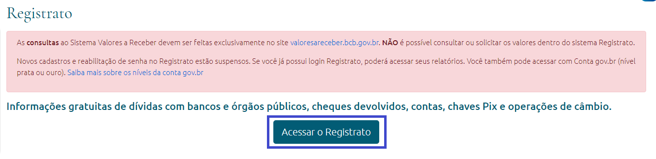 Print da tela do site mostrando o botão "Acessar Registrato"
