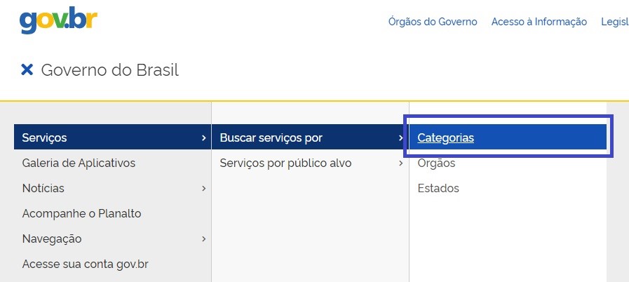 print da tela do site do Governo Federal, mostrando as opções do menu de serviços