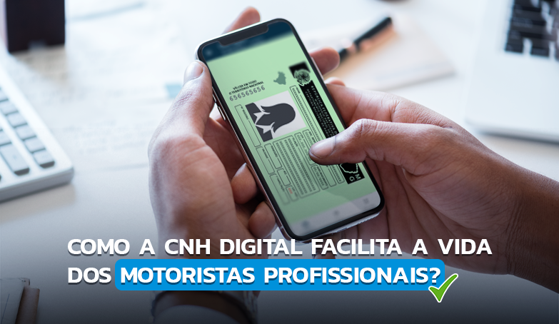 Na imagem aparecem as mãos de uma pessoa segurando um celular, com uma representação do que é a CNH digital aberta na tela do aparelho.