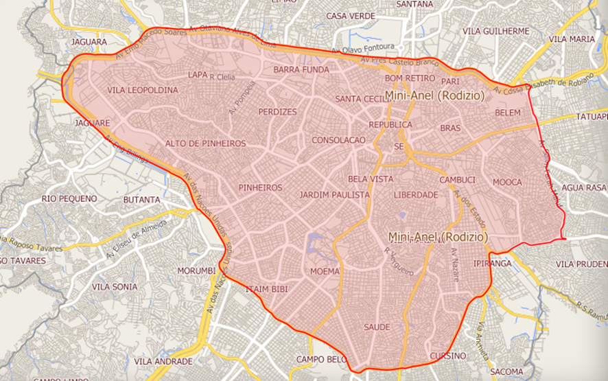 Imagem do mapa de São Paulo, mostrado as áreas onde o rodízio funciona.